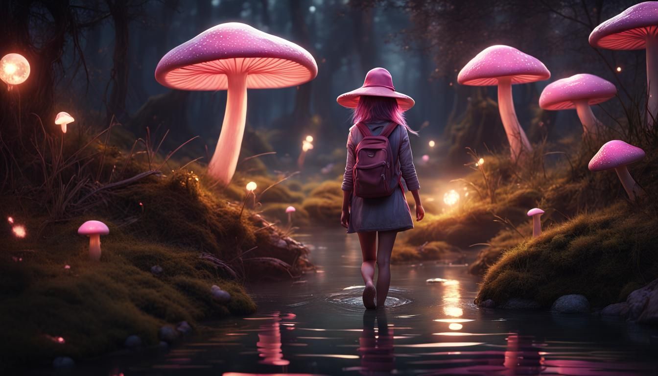 Girl with Mushroom Hat in Magical Forest