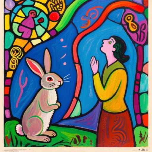 Rabbit and Figure Movie Poster in Chagall & Modigliani Style