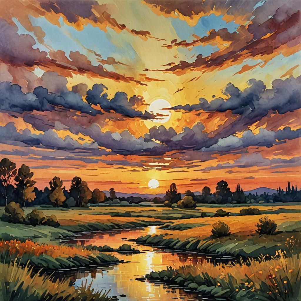 Amber Sunset in Gouache and Watercolor Style
