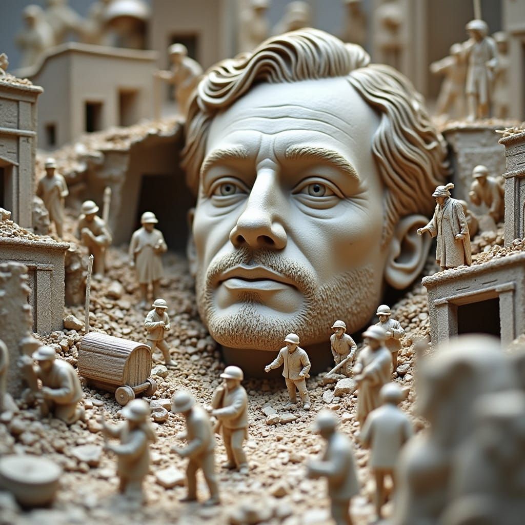 Intricate City Ruins Sculpture with Emerging Man's Face