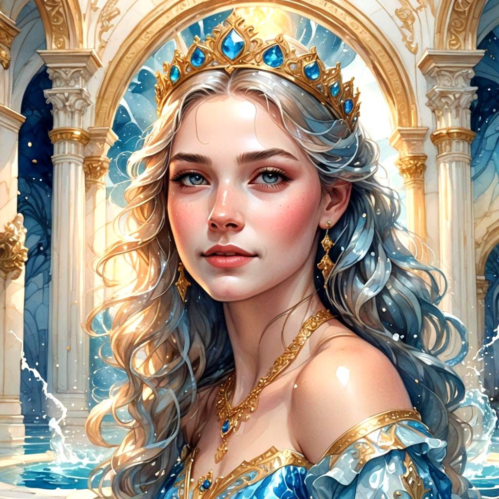 Princess by Fountain with Gold Spark Lighting