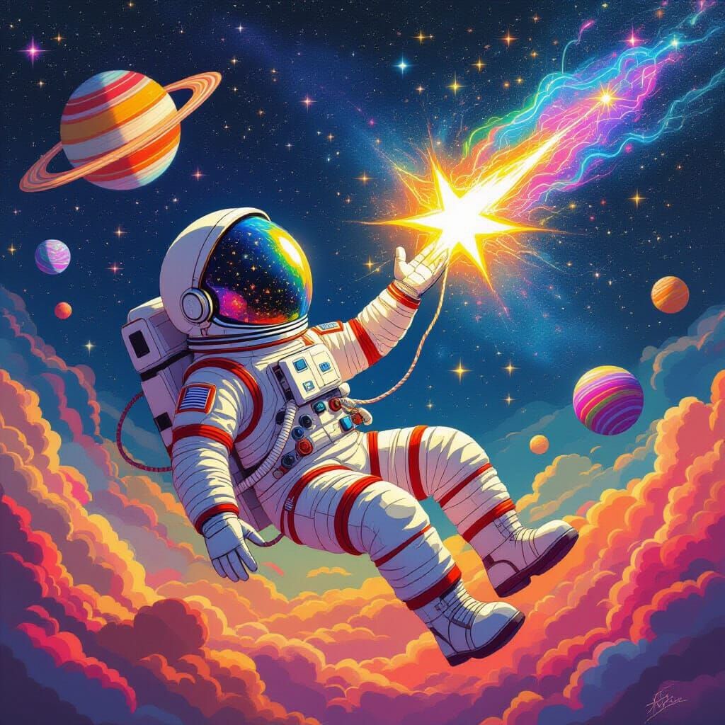 Yarn Astronaut Catches Shooting Star in Splash Art Style