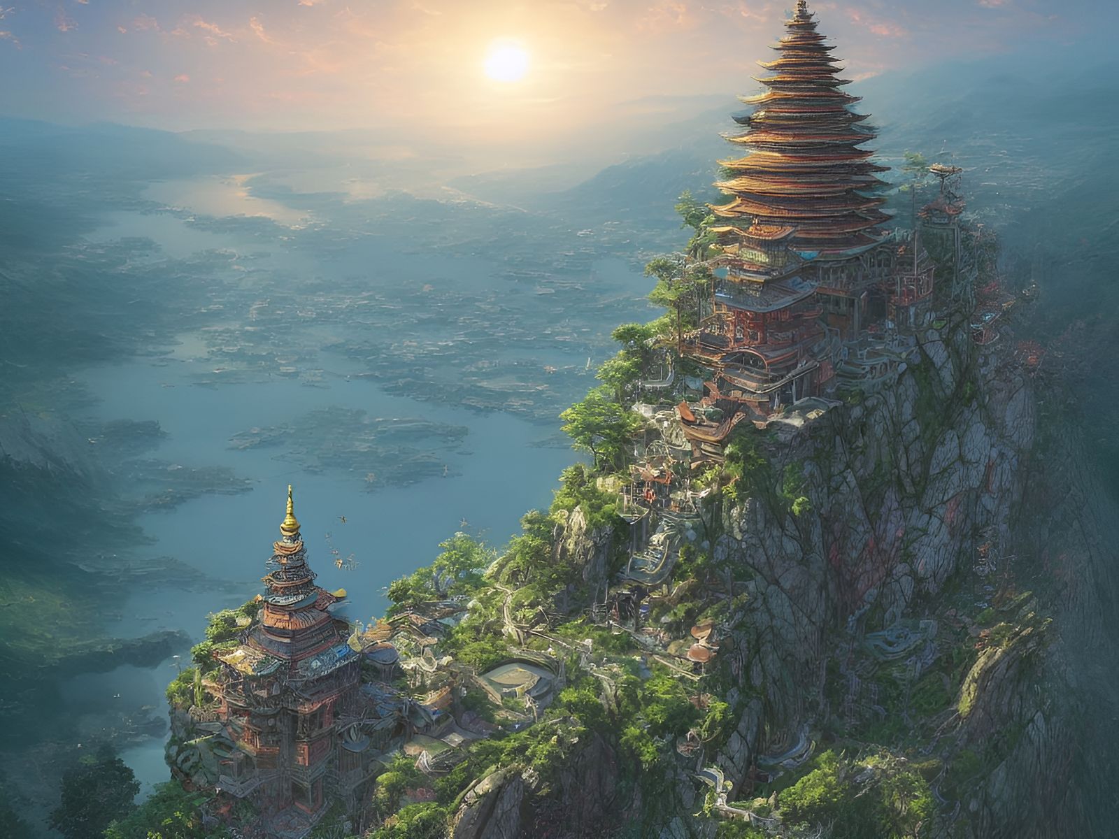 Temple on Mountain Lake: Digital Illustration