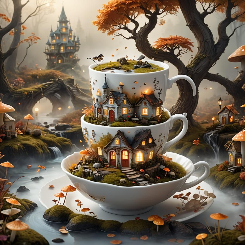 Miniature Autumn Fantasy World in Teacup