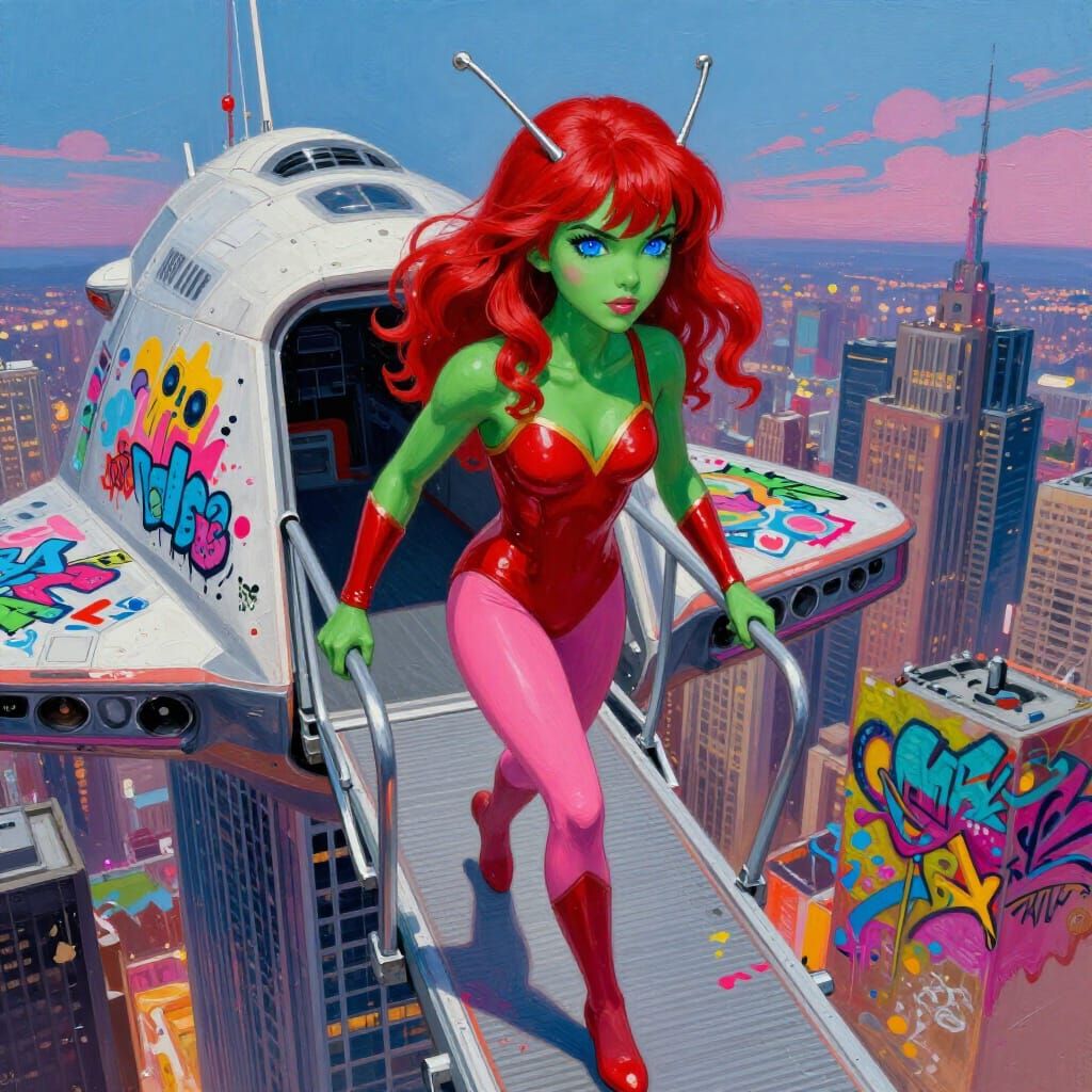 Superhero Descends Spaceship onto Skyscraper