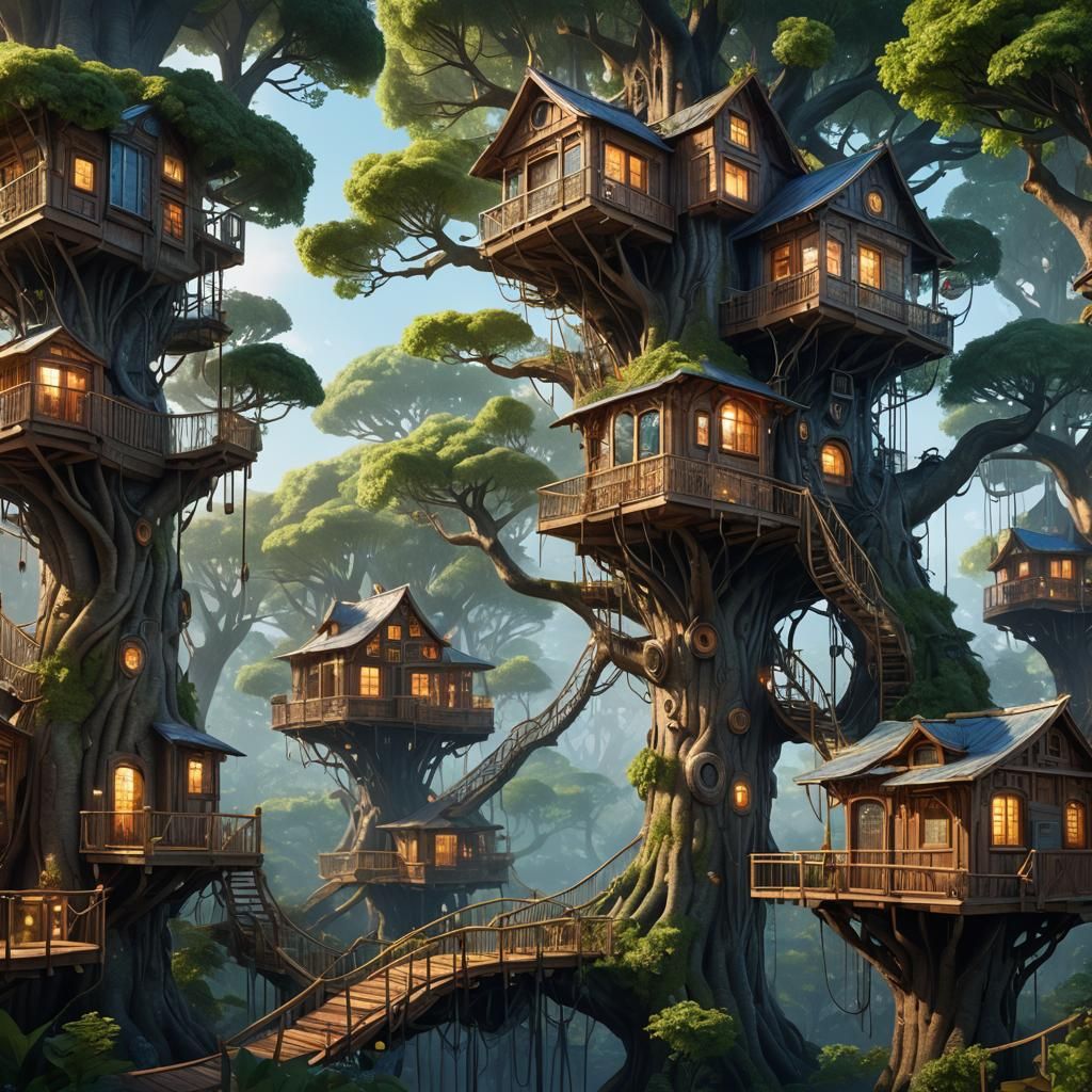 Futuristic Treehouses with Transparent Circuits in Metallic ...