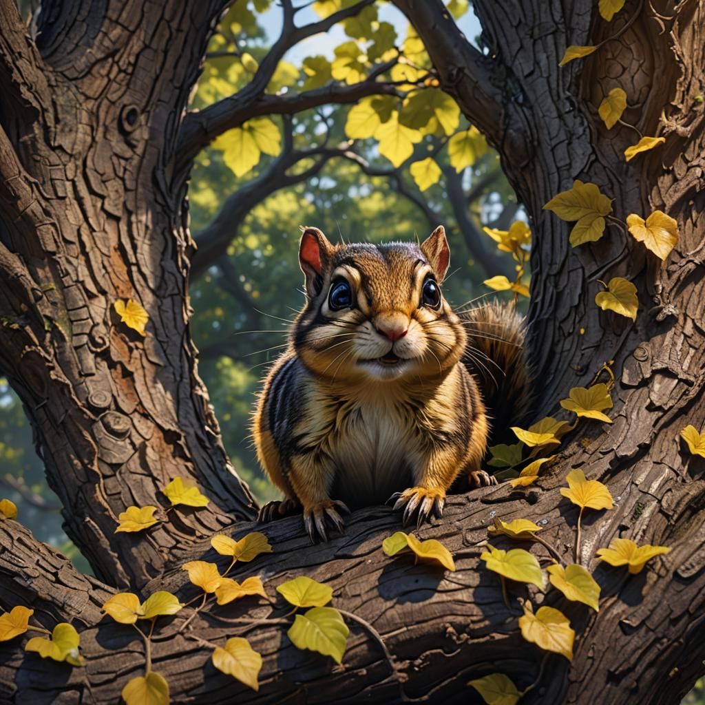 Dark Fantasy Chipmunk in Hollow Oak Tree