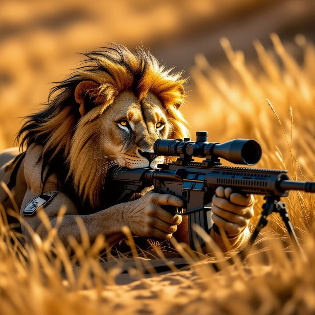 Lion-Human Sniper Camouflaged in Dry Grass