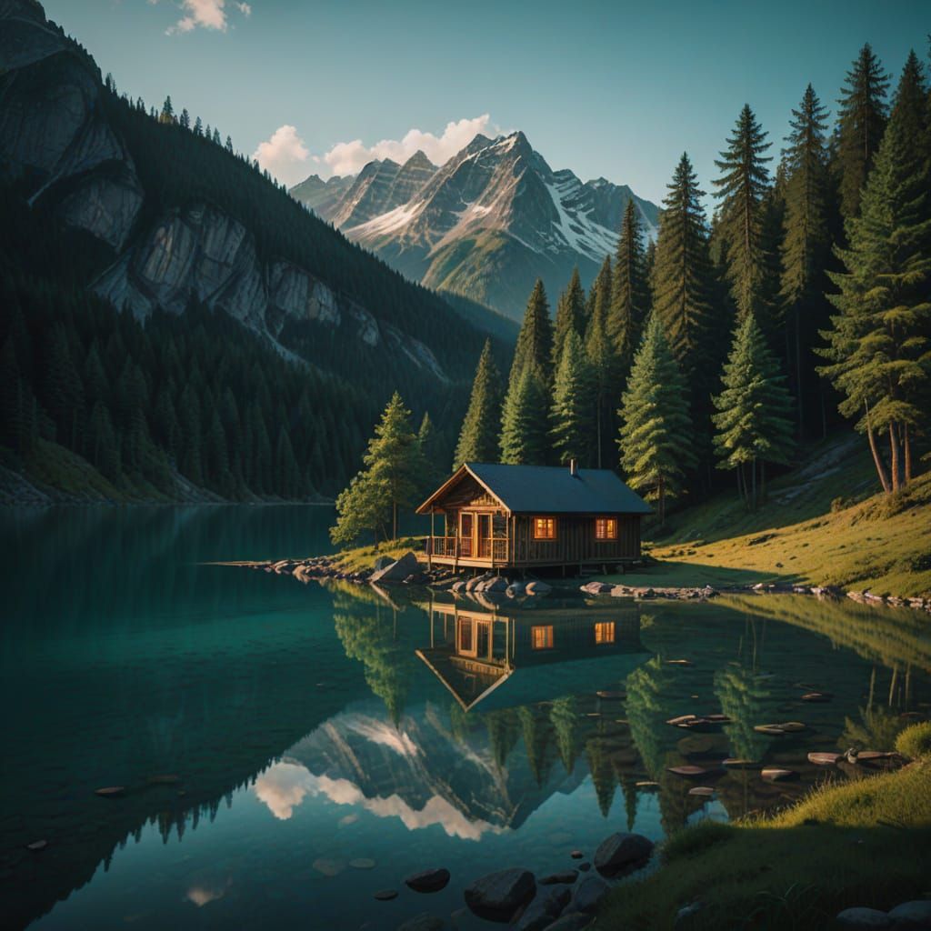 Epic Mountain Lake Scene with Wooden Cabin