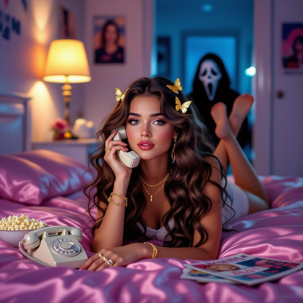 Y2K Dreamy Portrait: Woman with Ghostface Killer Behind Her