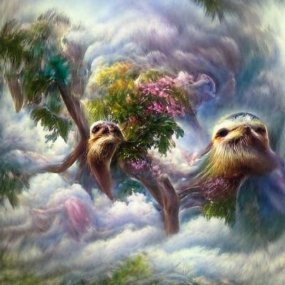 Sloths Climb Trees in Windy, Ethereal Fantasy