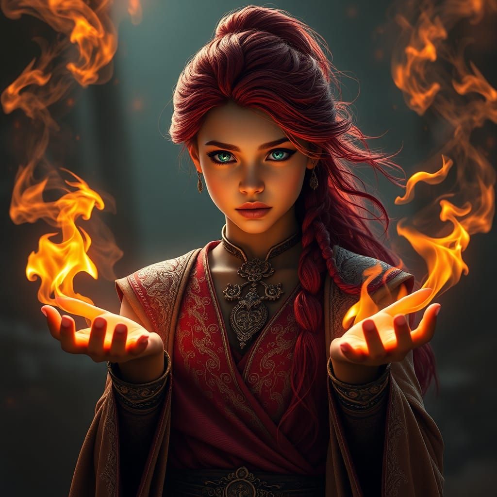 Fiery Woman Conjuring Flames: Fantasy Concept Art