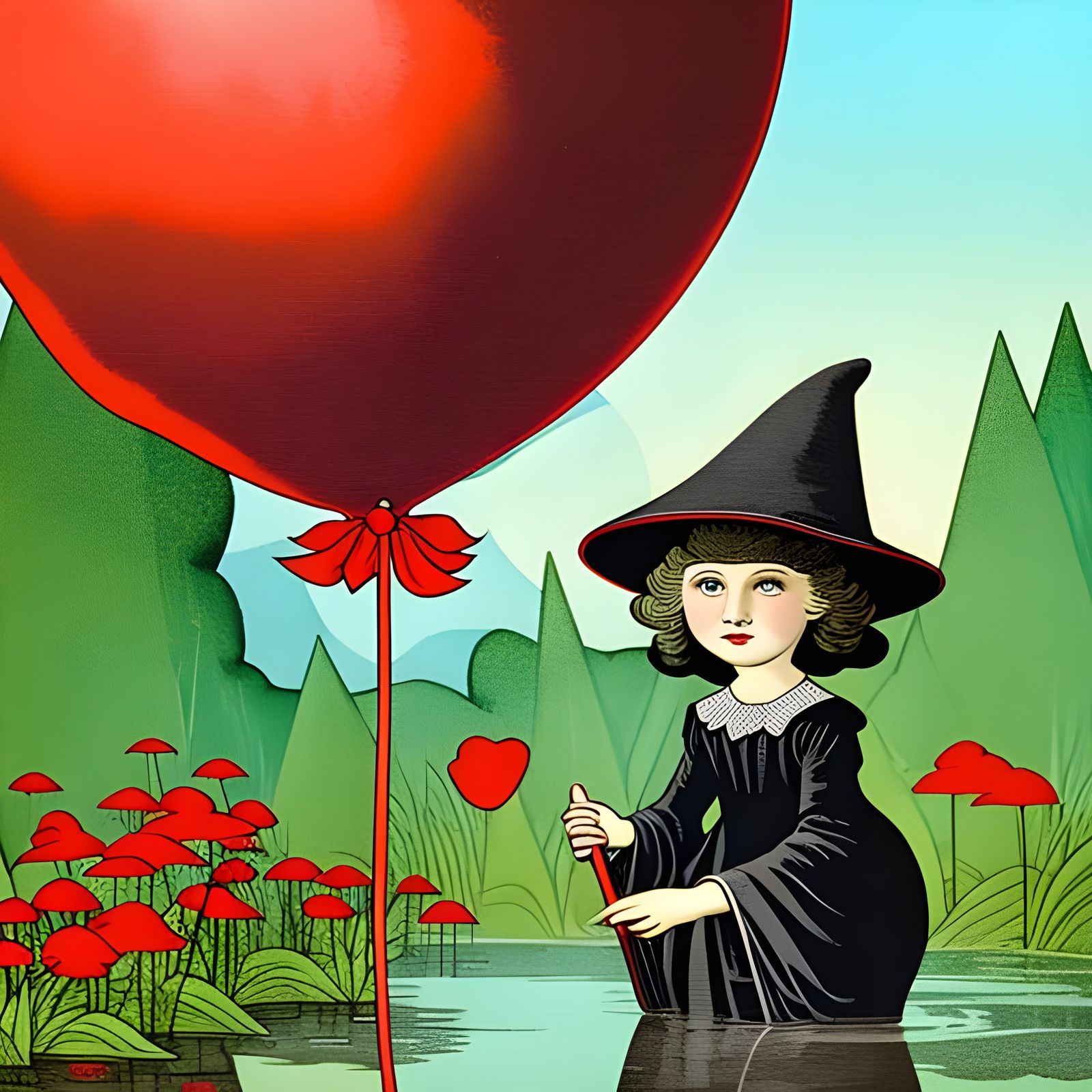Chibi Witch with Red Balloon in Garden