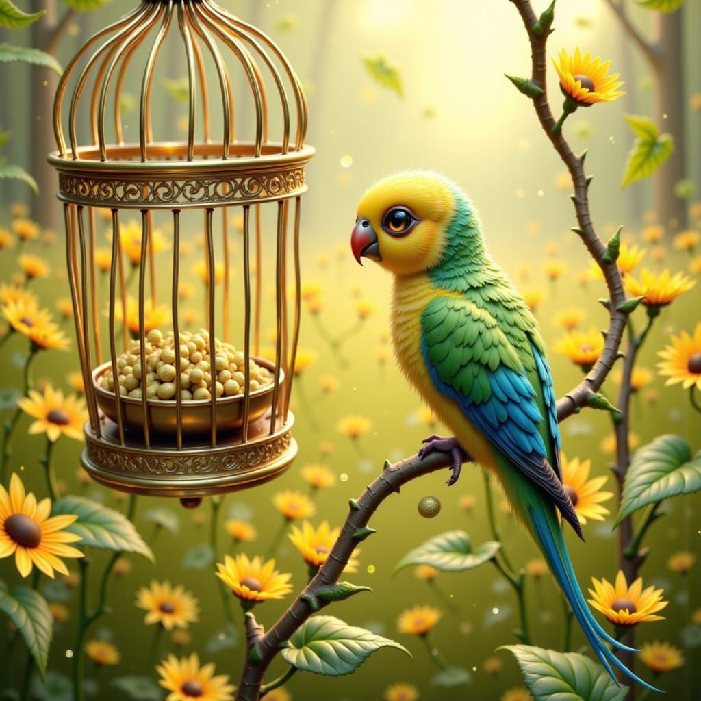 Parakeet's Hopeful Gaze From Ornate Cage