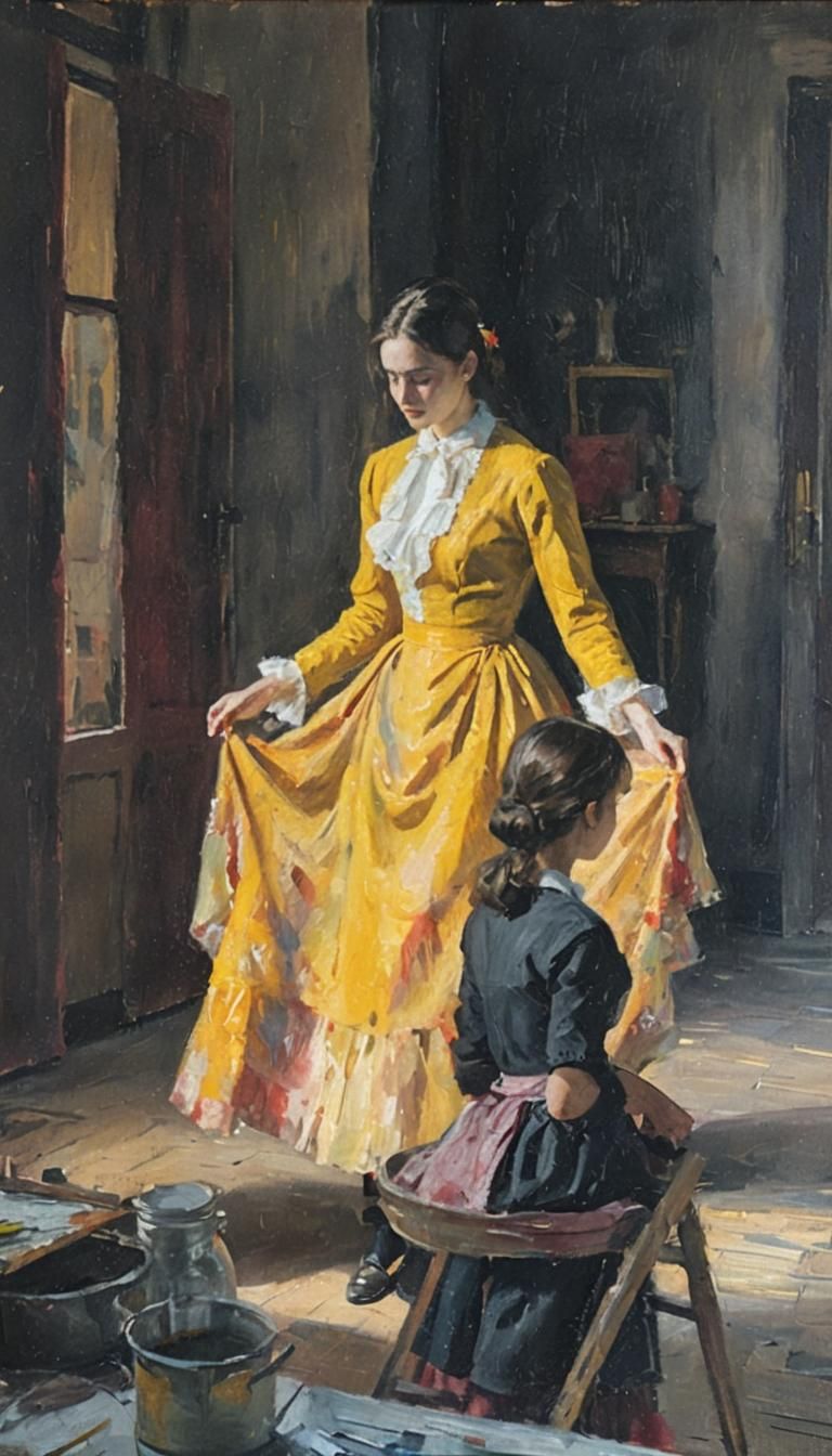 Girl Posing to Painter in Impressionist Style