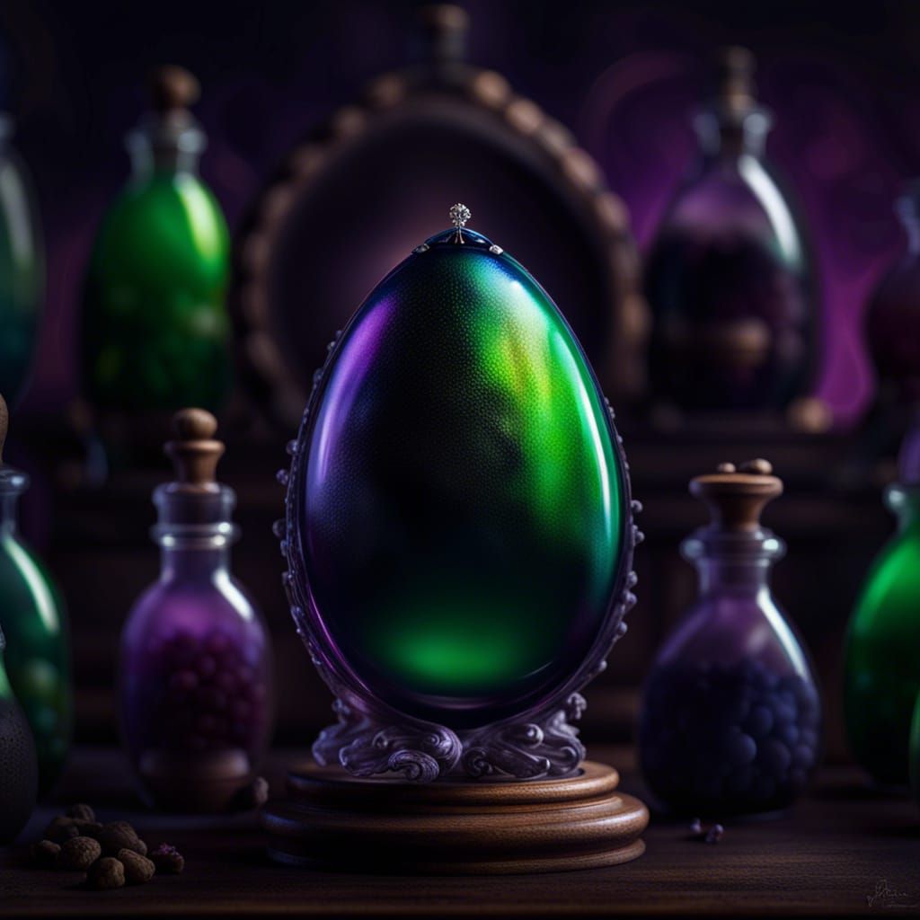 Eerie Portrait of Beetle in Egg with Apothecary Bottles