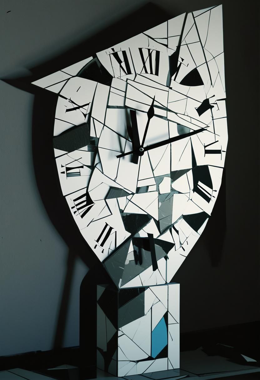 Cubist Shattered Clock on Fragmented Table