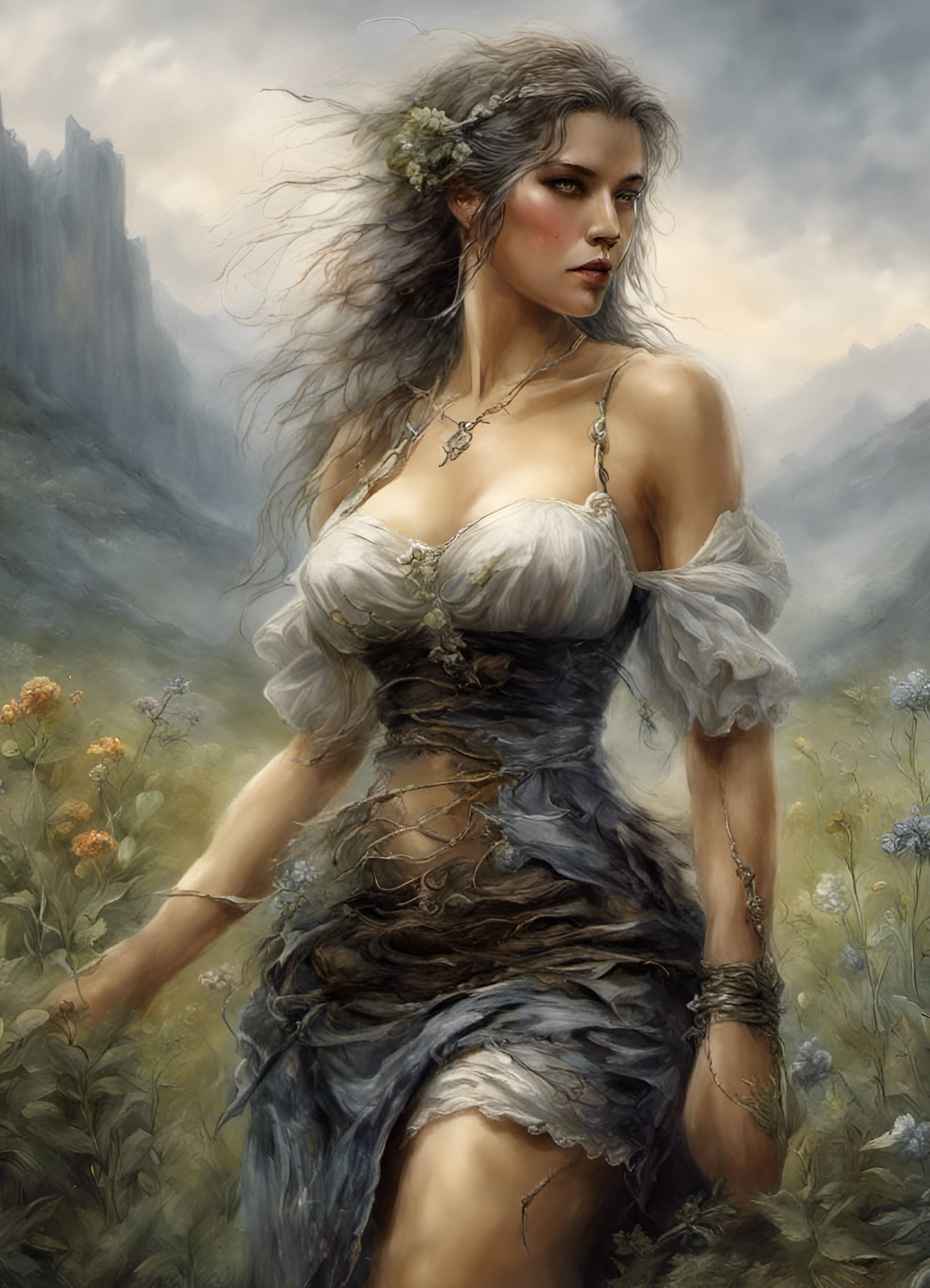 Herb Gatherer in Valley: Dark Fantasy Digital Art