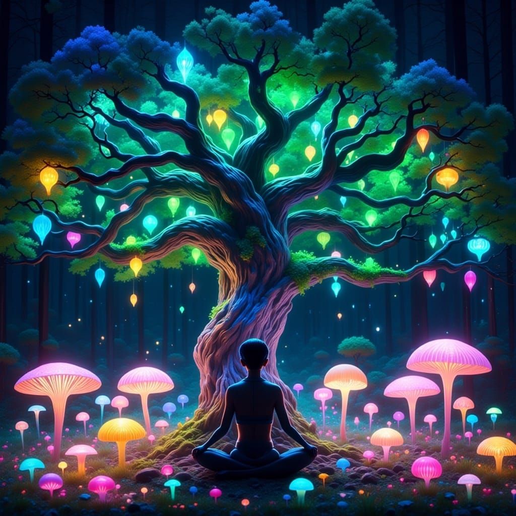 Radiant Neon Tree Meditation: Bioluminescent Dreamscape