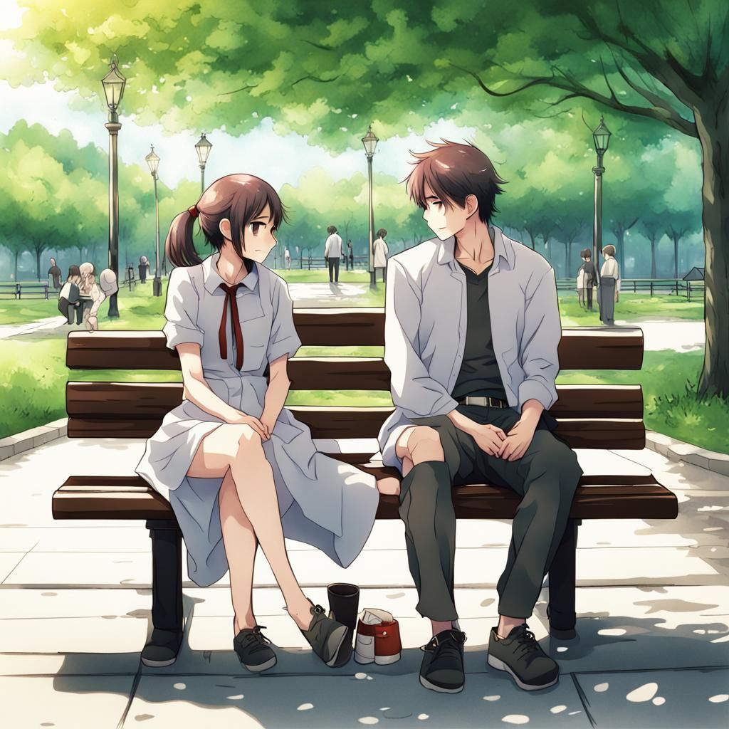 Couple Chatting on Bench in Anime Style