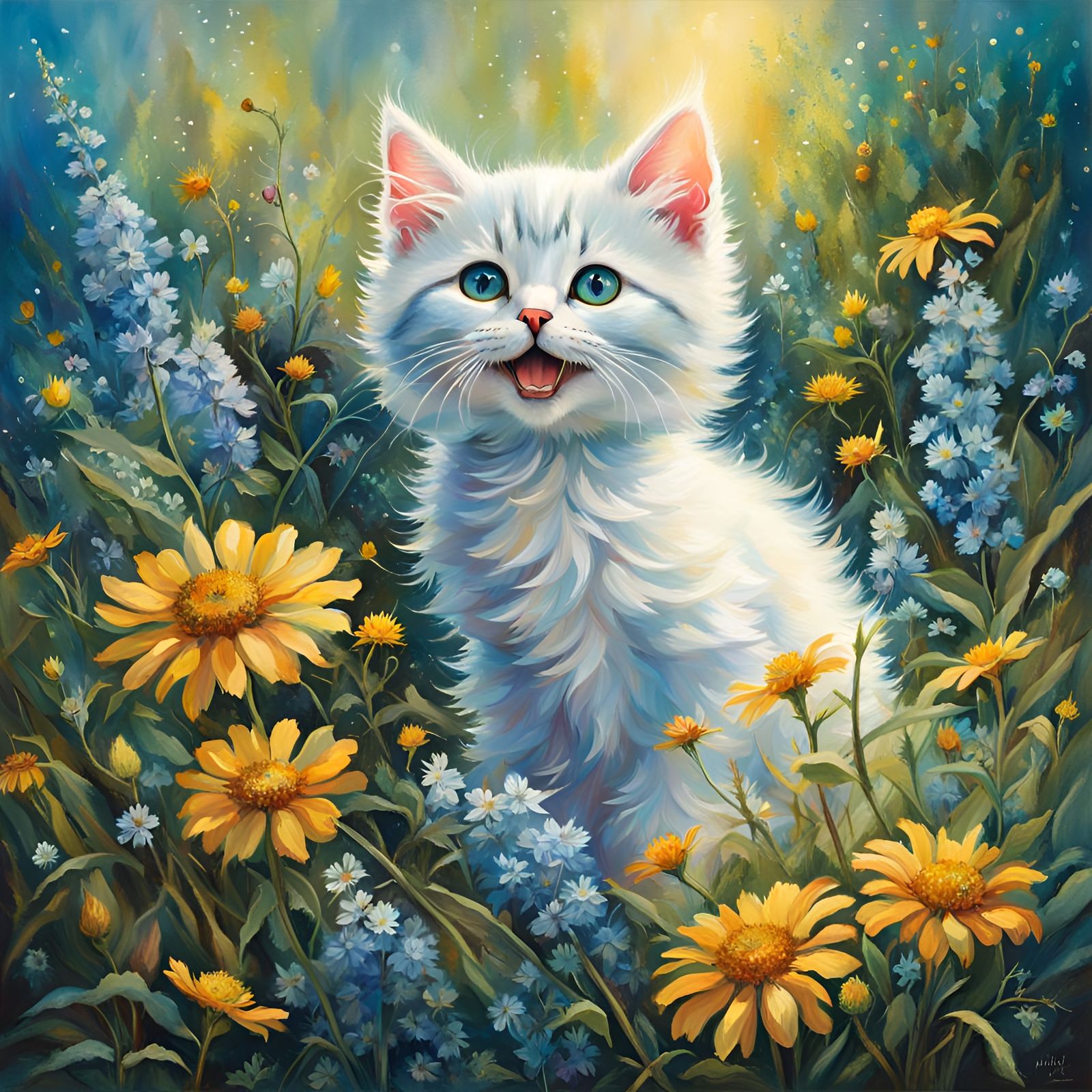 Joyful Kitten in Wildflowers with Iridescent Lighting