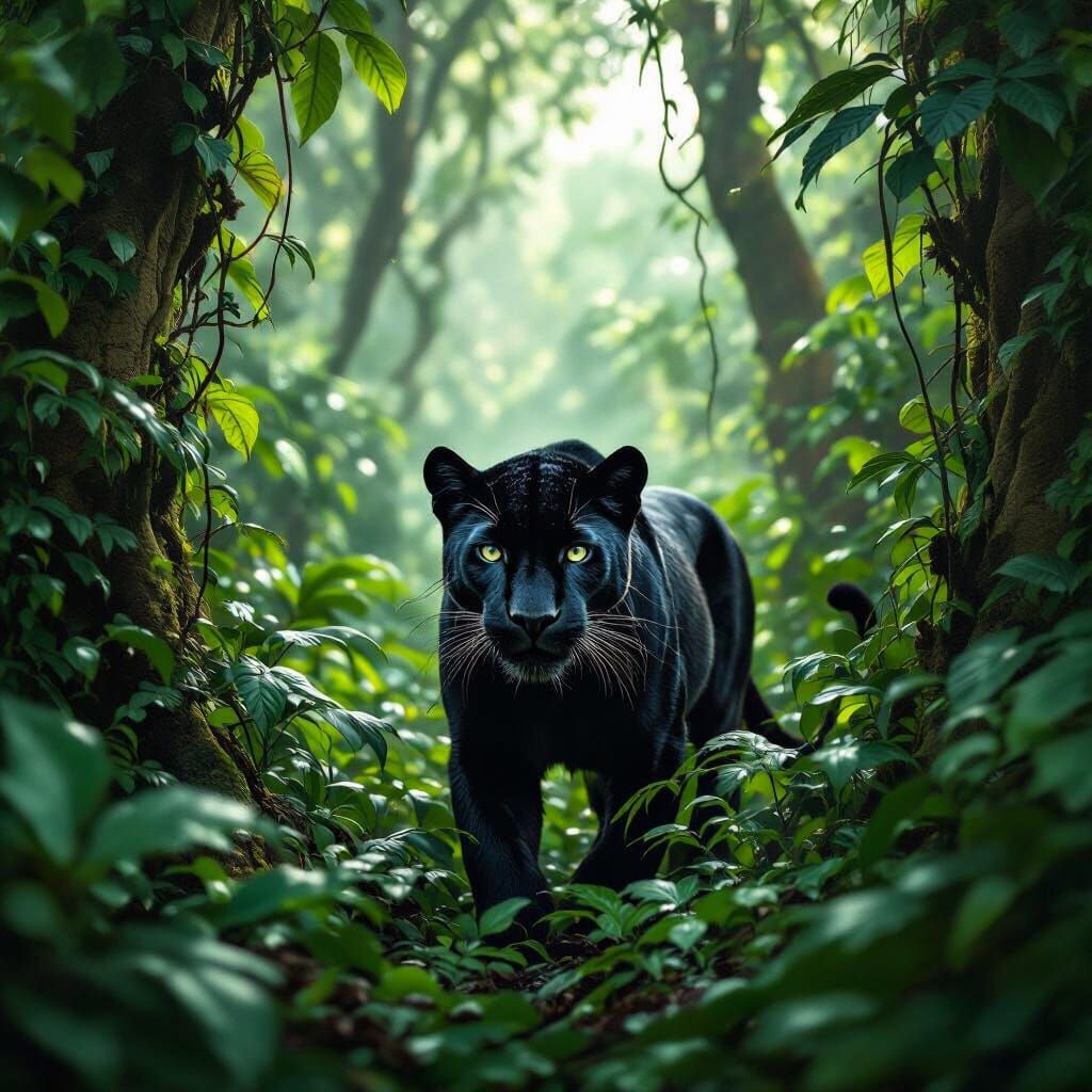 Panther Emerges from Rainforest: Photorealistic Wildlife