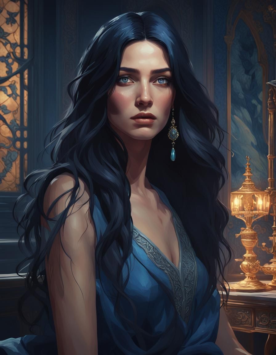 Elegant Portrait in Dark Blue Room, Digital Art