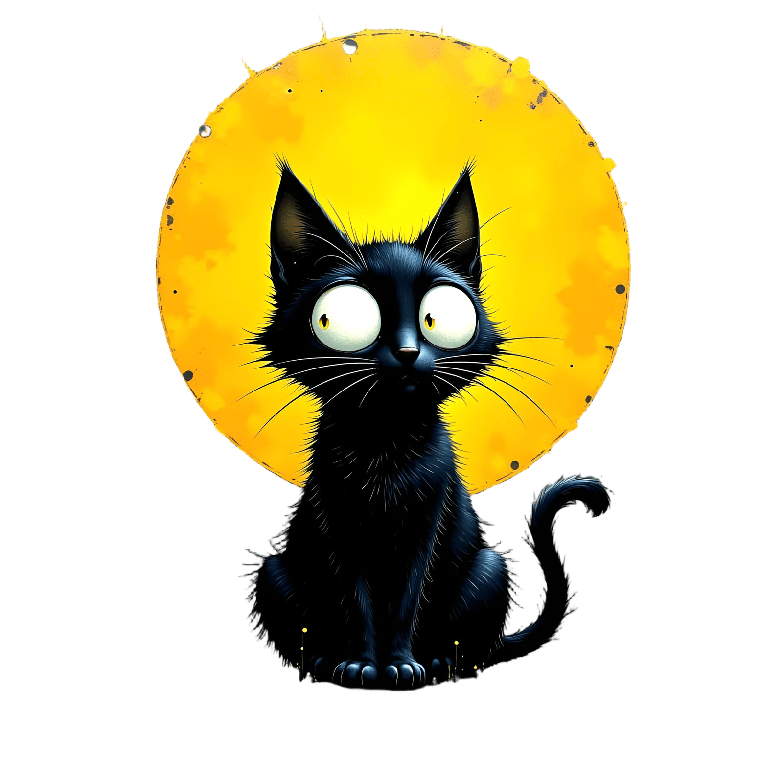Cartoon Black Cat Under Moon in Expressive Style