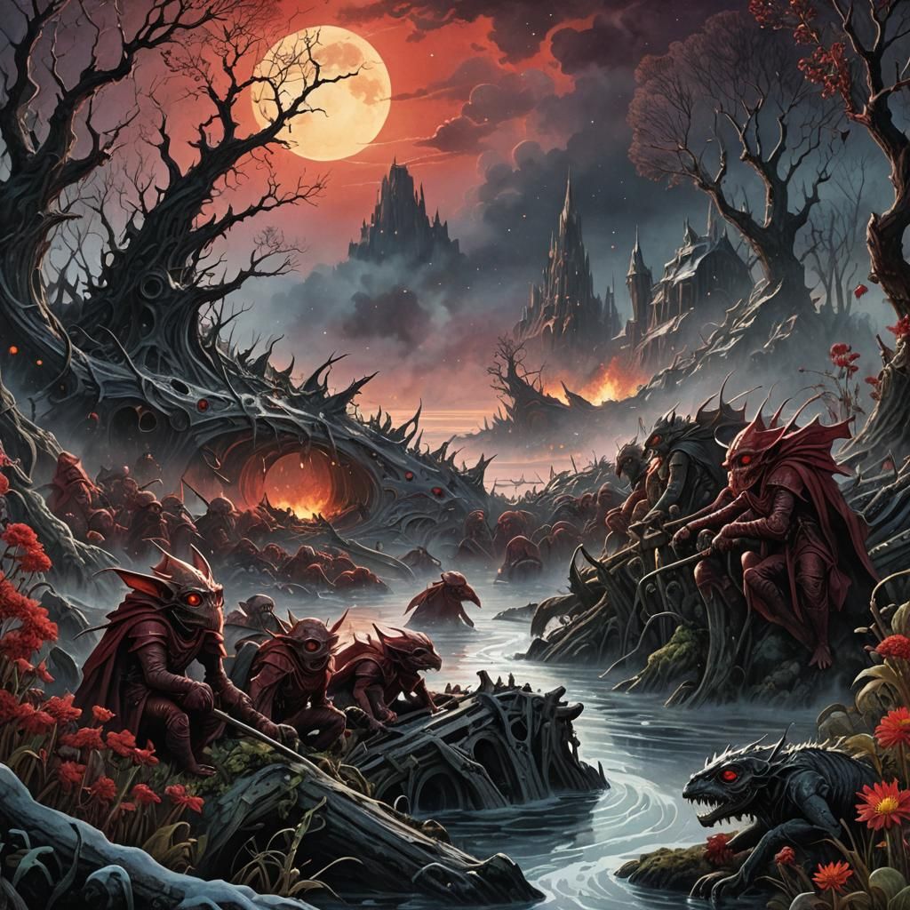 Goblins Swarming Spaceship Wreckage on Moon in Watercolor St...