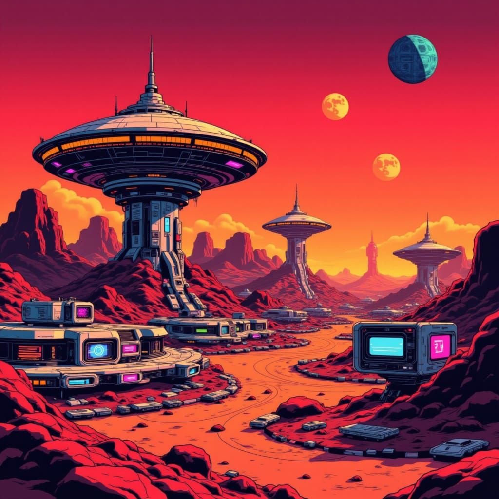 Retro Mars Colony in Cassette Futurism Style