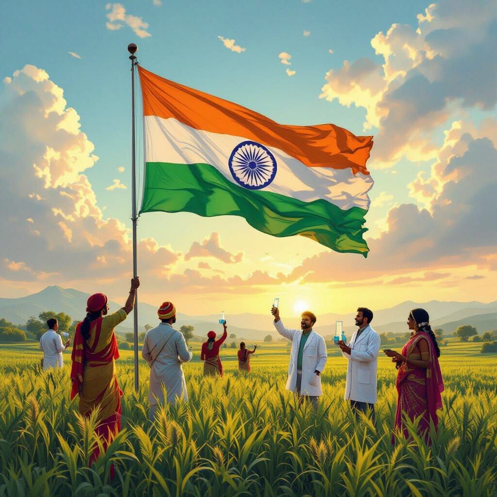 Indian Flag Waving Amidst Joyful Farmers: Matte Painting