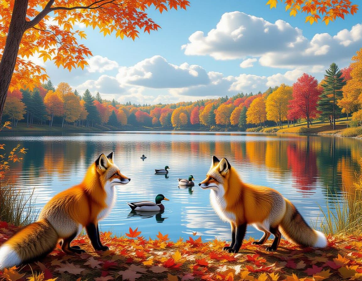 Autumn Lake Scene with Fox in 3D Render