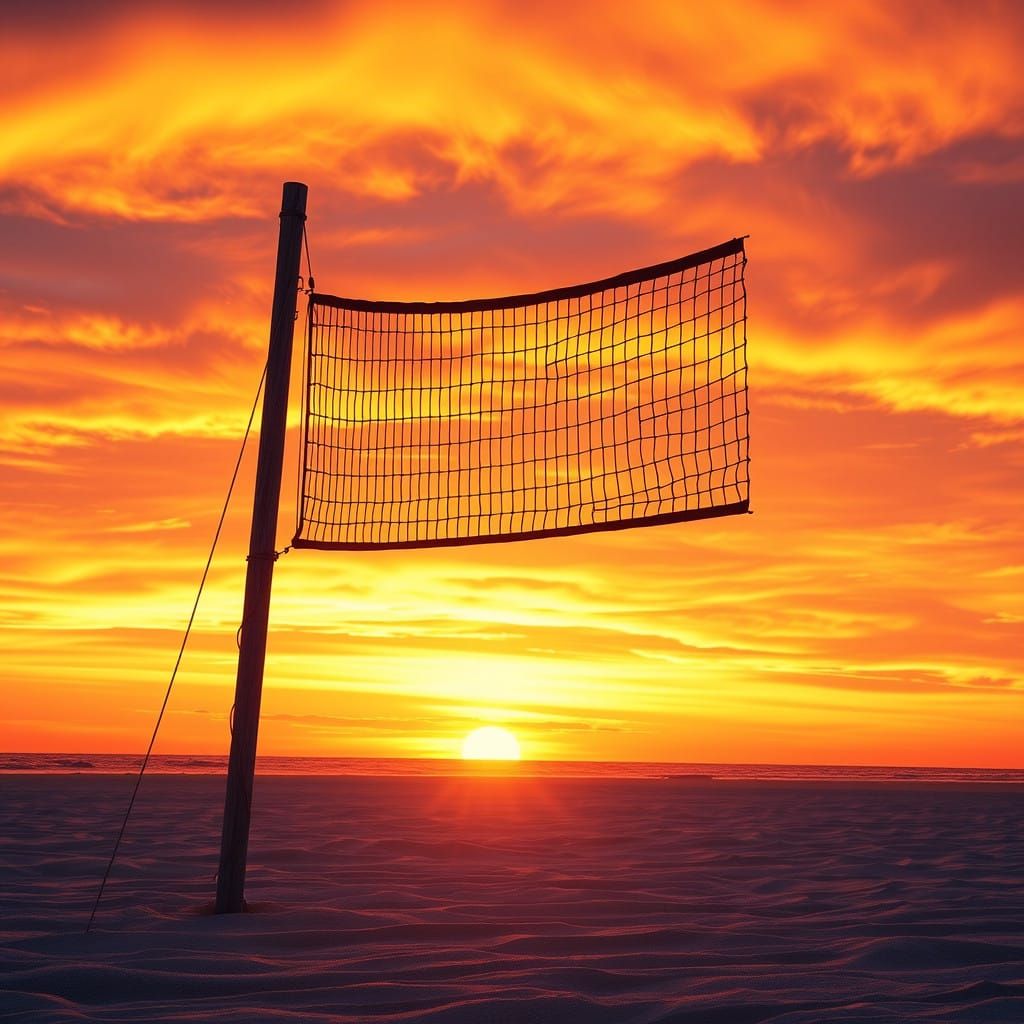 Hyperrealistic Beach Volleyball Net Silhouetted Against Suns...