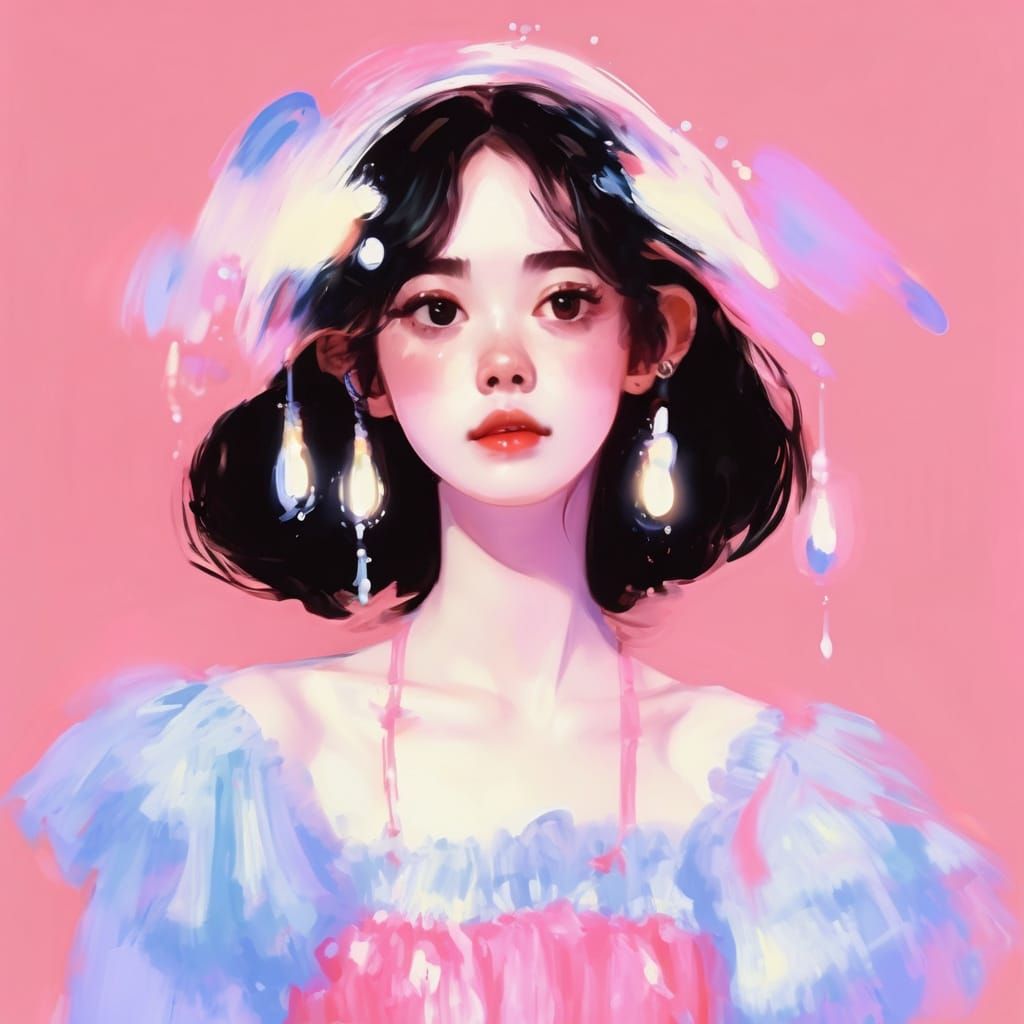 Girl with Flowing Hair in Petticoat Dress, Impressionist Sty...