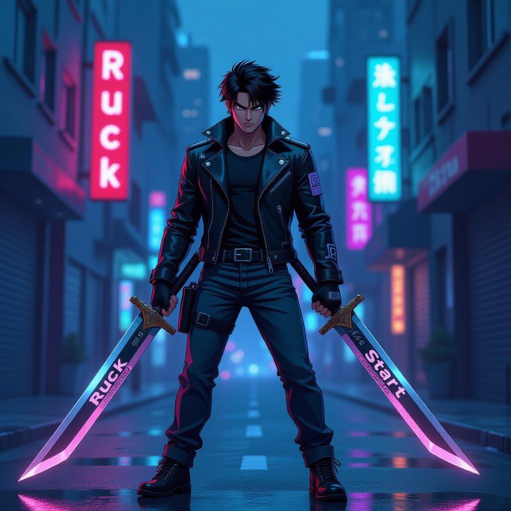 Anime Swordsman in Neon City, Digital Art