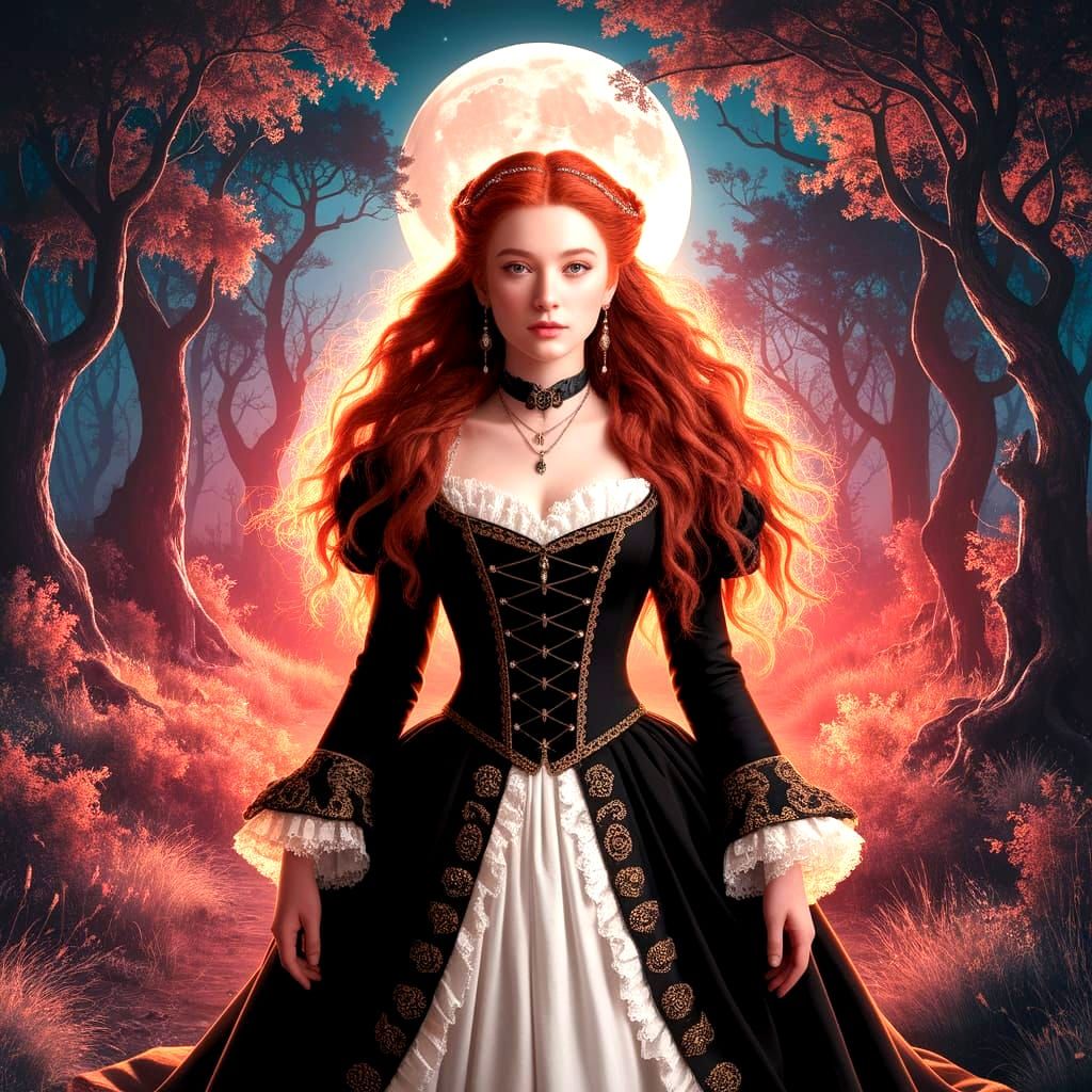 Redhead in Victorian Dress in Moonlit Forest