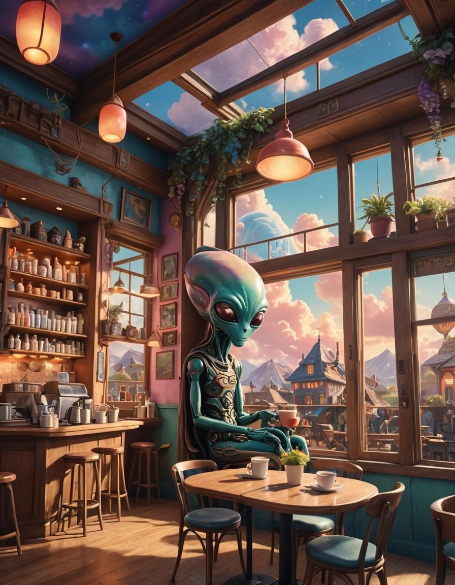 Tranquil Coffee Shop with Alien, Matte Painting