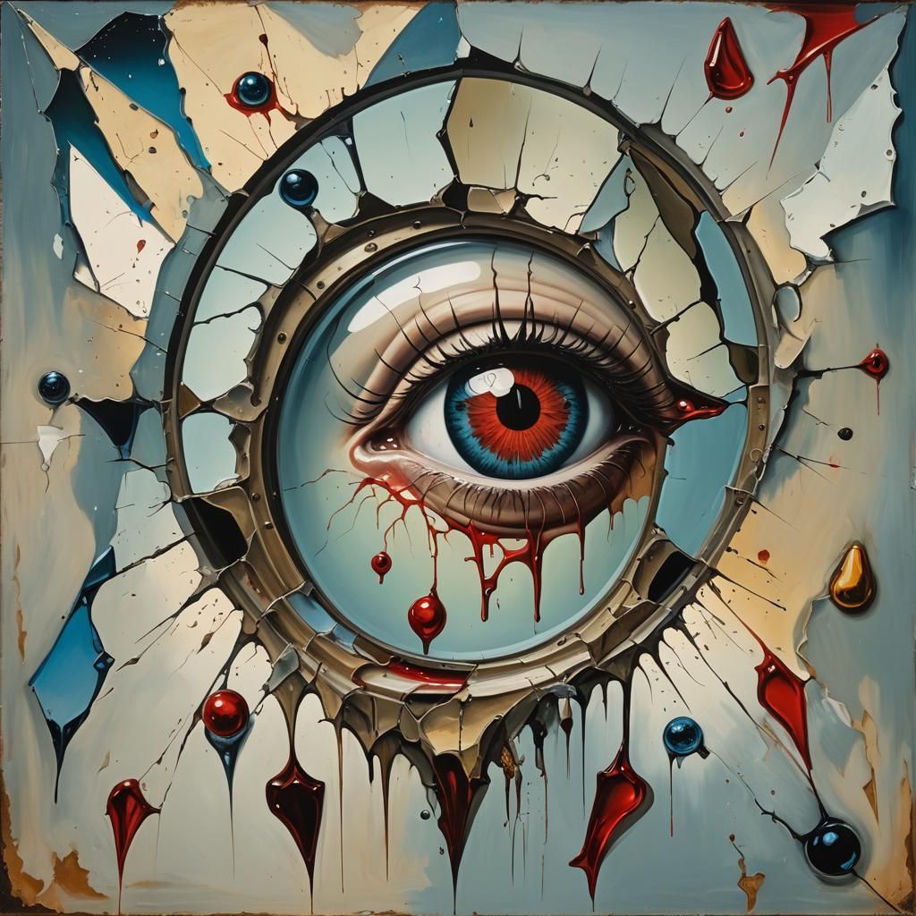 Surreal Cracked Mirror: Bloody Shards and Pierced Eyes