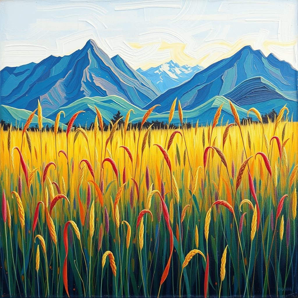 Mountains Behind Golden Grass: An Impasto Oil Painting