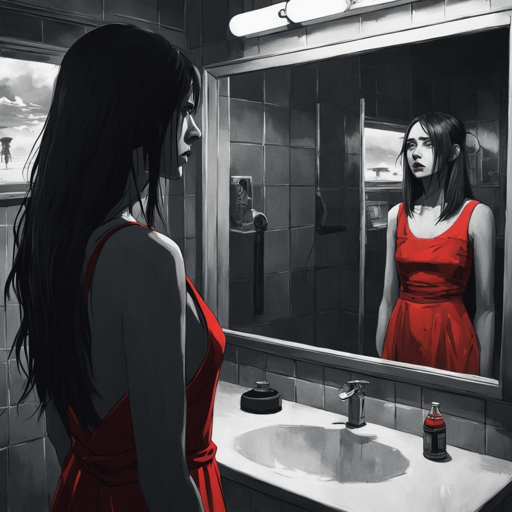 Girl Cries in Front of a Mirror in Hyperrealistic Splash Art