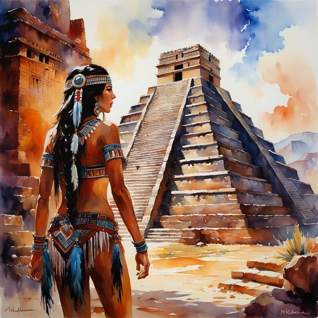 ancient ritual in watercolor, aztec ziggurat, haunted, 16k r...