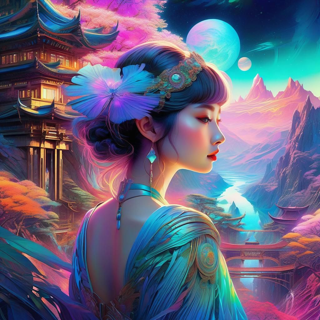 Dreamy Surreal Landscape in Neon Watercolor Style