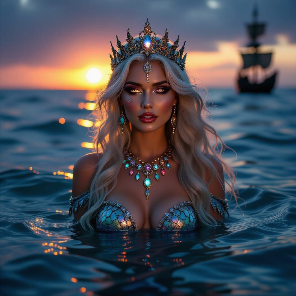 Mermaid Queen Emerges from Stormy Ocean at Sunset