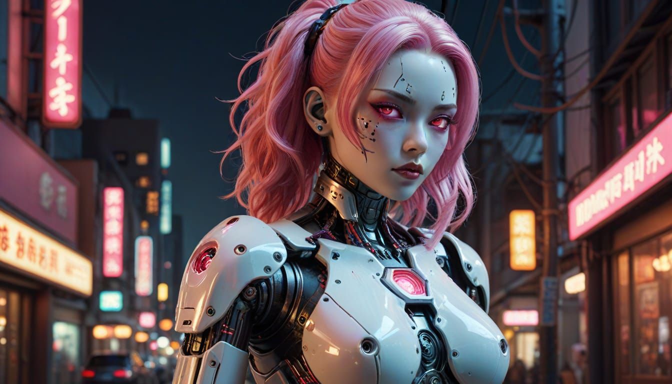 Frightening Japanese Gynoid Cyborg in Cyberpunk City