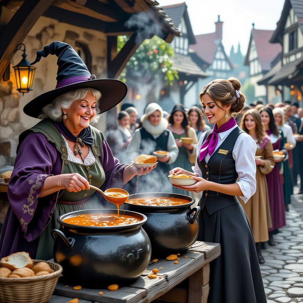 Witch Serves Stew to Medieval Townsfolk, Fantasy Illustratio...