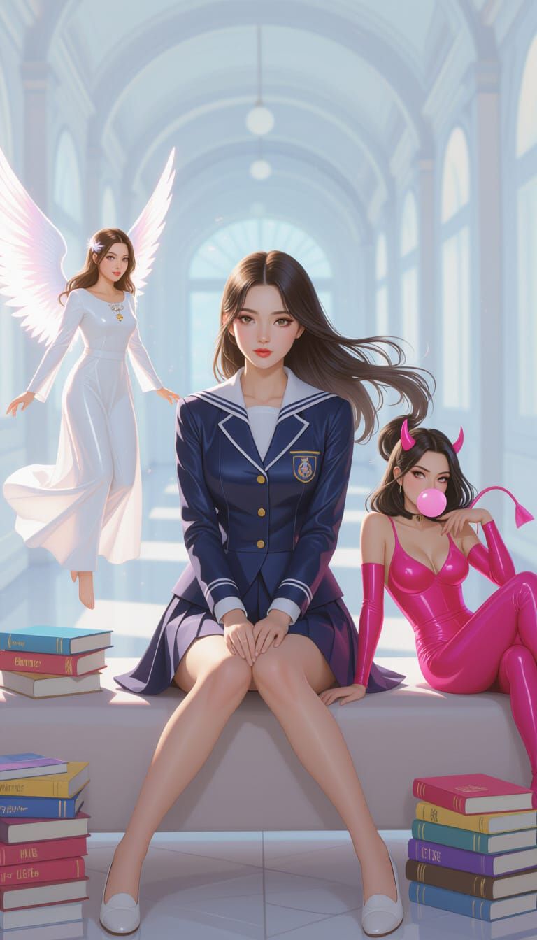 Dreamy Academy Scene with Angel and Devil