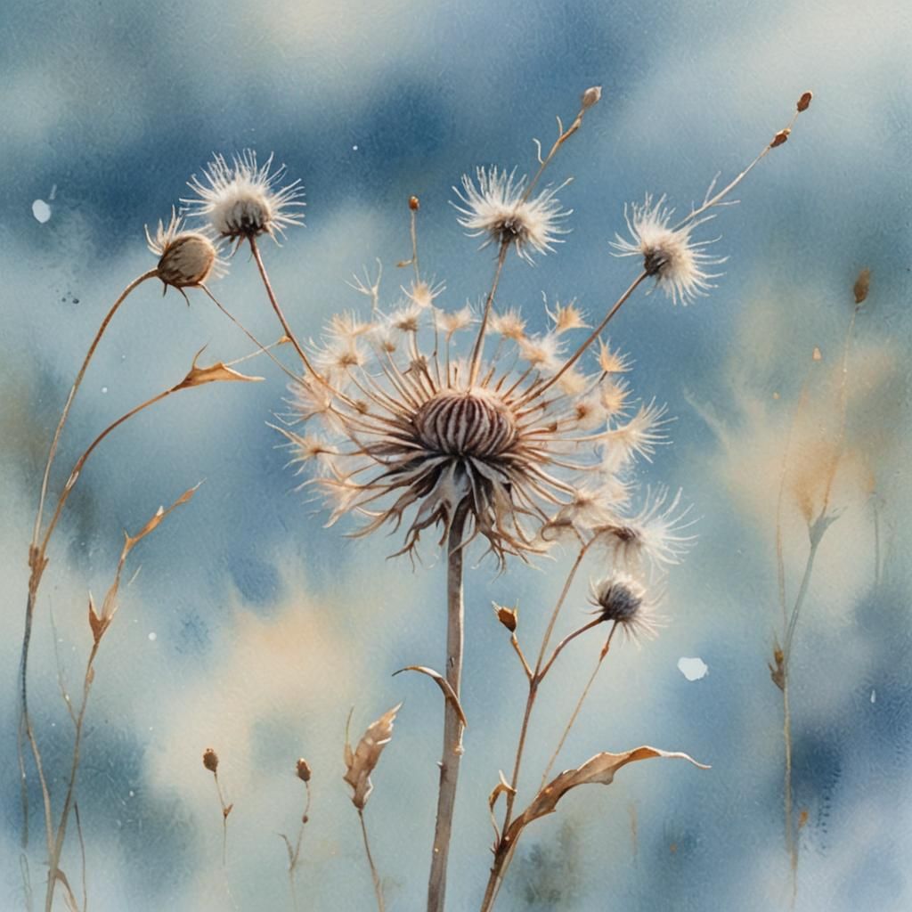 Delicate Thistledown Seedhead in Watercolor