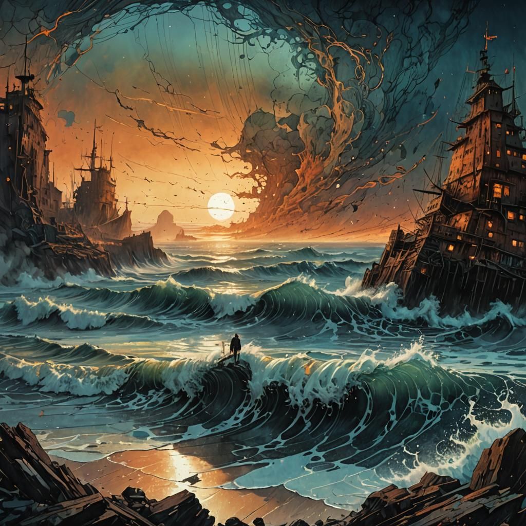 Vast Sunset on Moonscape Wave: Detailed Digital Sketch