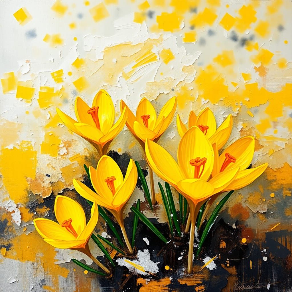 Yellow Crocus Blooms in Abstract Expressionist Style