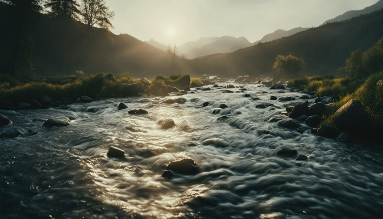 Cinematic Quicksilver Stream in Golden Hour Lighting